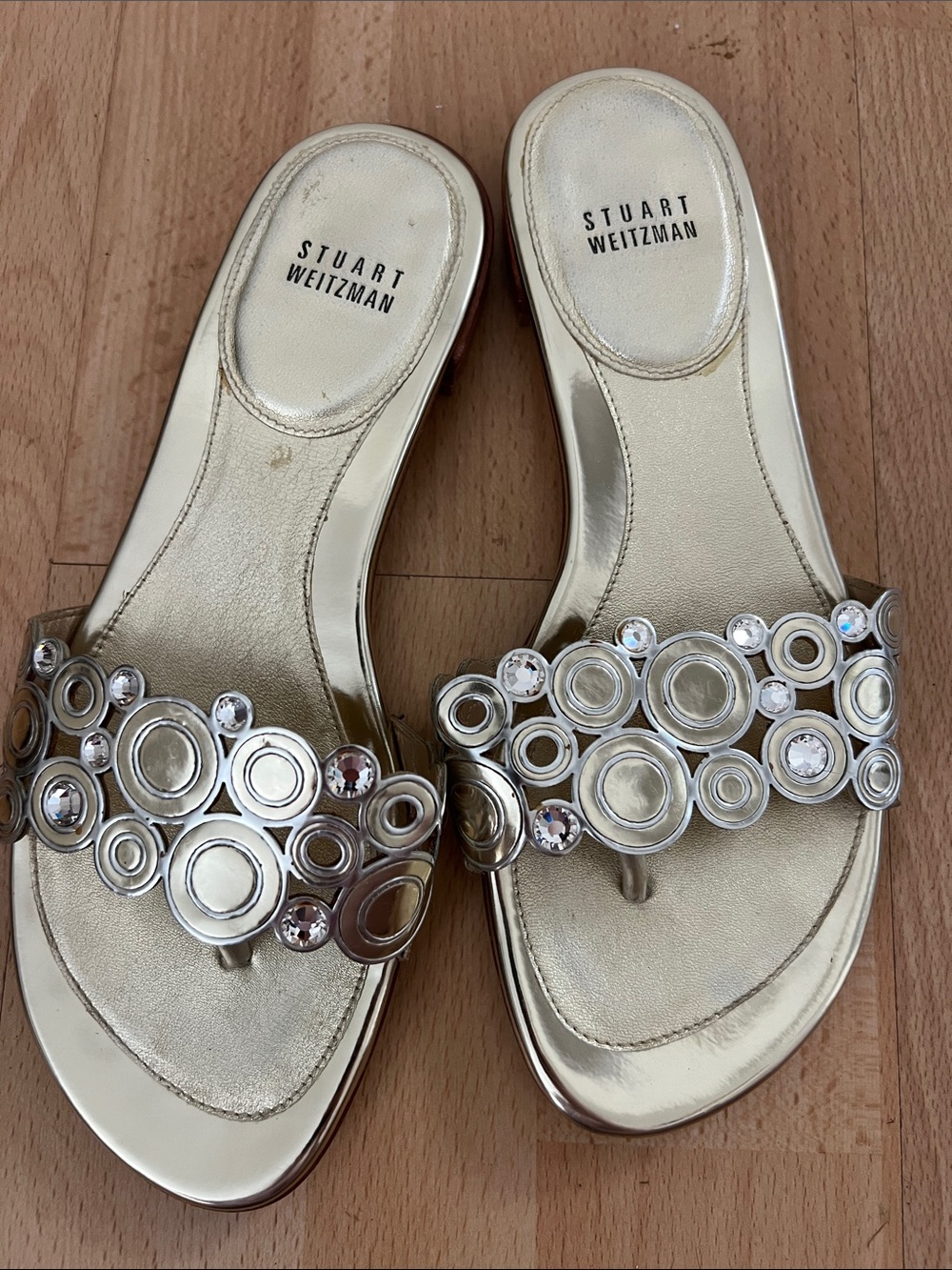 Stuart Weitzman Metallic Gold Jeweled Slide Sandals